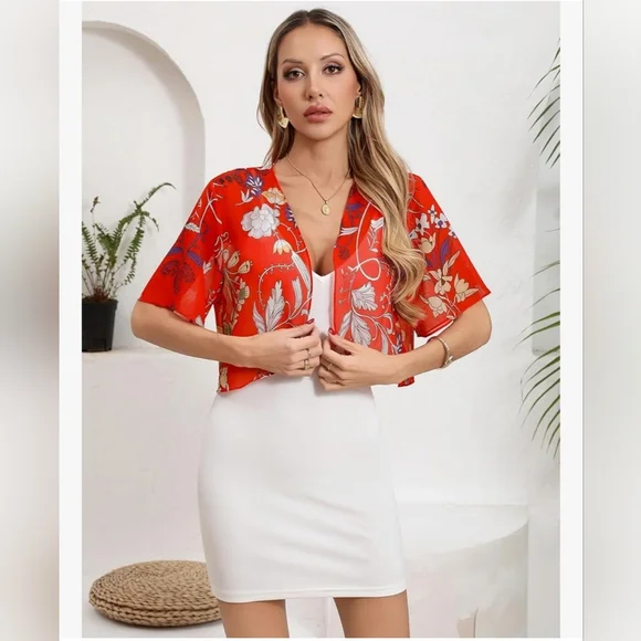 Brand New Red Floral Sheer Bolero Shrug - Picture 3 of 6